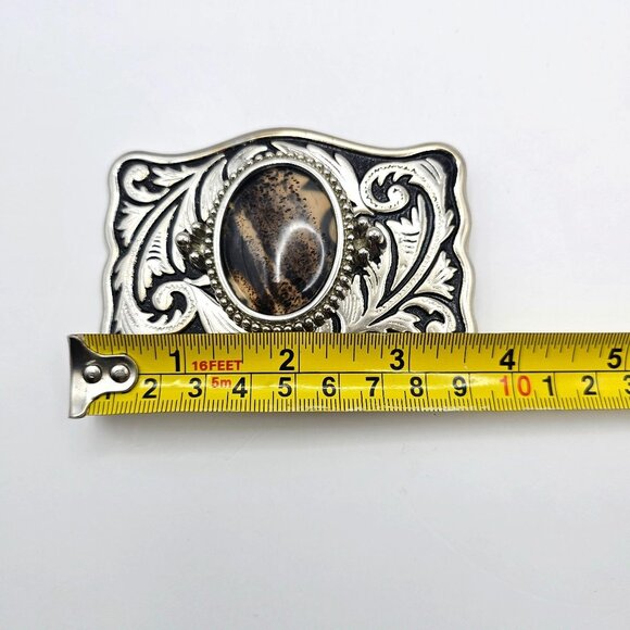 Western Belt Buckle Dendritic Agate Cabochon Silvertone Engraved Side Pieces - Picture 11 of 12